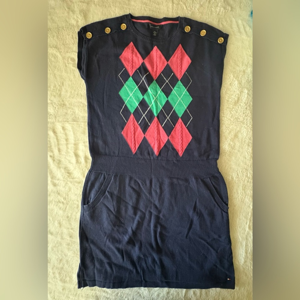 WINTER SALE ** Tommy Hilfiger Navy Dress with Red and Green Argyle Pattern
